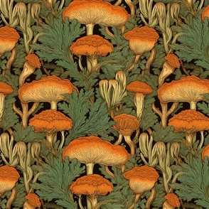 william  morris inspired art nouveau orange mushroom botanical