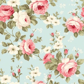 Bigger Scale Beautiful Cottage Roses on Soft Blue