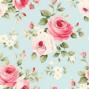 Smaller Scale Pink Cottage Roses on Soft Blue