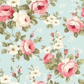 Smaller Scale Beautiful Cottage Roses on Soft Blue