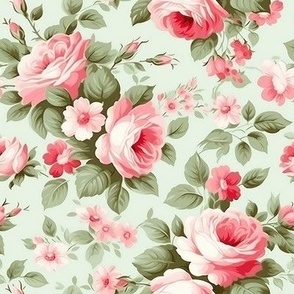 Smaller Scale Cottage Rose Floral on Mint