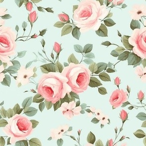 Smaller Scale Soft Pink Roses on Light Blue