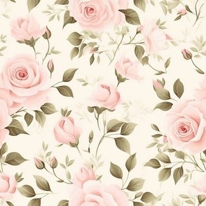 Smaller Scale Cottage Roses Palest Pink on Ivory