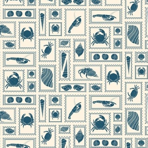 Crustacean Core Postal Stamps Collage - Cream and Blue (Medium Scale)