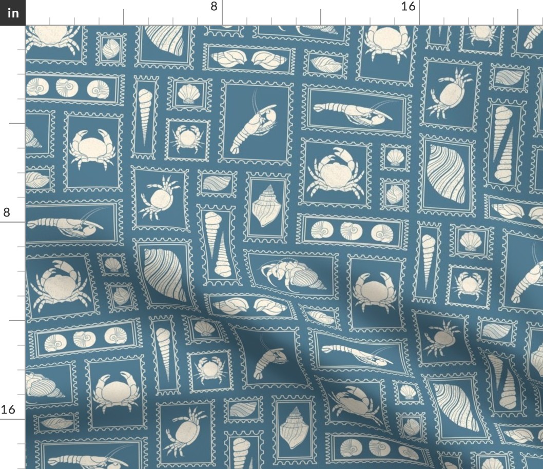Crustacean Core Postal Stamps Collage - Blue and Cream (Medium Scale)