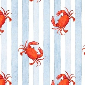Red Crabs against Light Blue Stripes on White, Watercolor Hand Drawn, M