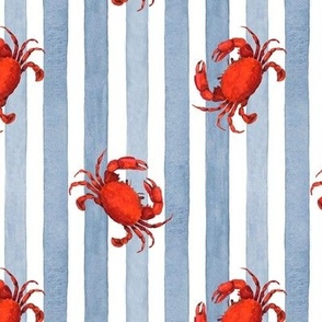 Red Crabs against  Blue Stripes on White, Watercolor Hand Drawn, M