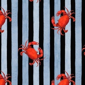 Red Crabs against Blue Stripes on Black, Watercolor Hand Drawn, M