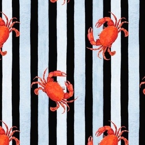 Red Crabs against Light Blue Stripes on Black, Watercolor Hand Drawn, M