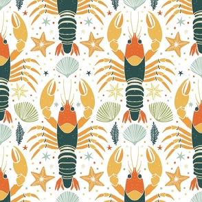 crustacean core block print - vintage lobster with seashell and starfish on white - vintage nautical wallpaper
