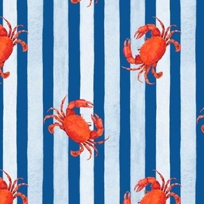 Red Crabs against Light Blue Stripes on Dark Blue, Watercolor Hand Drawn, M