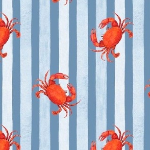 Red Crabs against Light Blue Stripes on Dusty Blue, Watercolor Hand Drawn, M