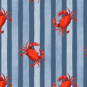 Red Crabs against  Blue Stripes on Dusty Blue, Watercolor Hand Drawn, M