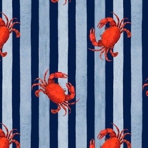 Red Crabs against  Blue Stripes on Navy, Watercolor Hand Drawn, M