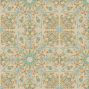 Star and Flower in Mock Embroidery Orange and Turquoise on Sandy Beige