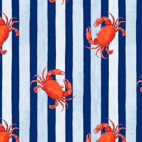 Red Crabs against Light Blue Stripes onNavy, Watercolor Hand Drawn, M