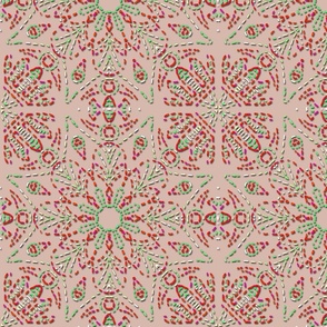 Star and Flower in Mock Embroidery Christmas Red and Green on Dusty Pink