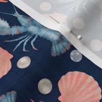 (S) Maritime Fantasy - Blue Lobster & Salmon Seashells, Navy Blue Textured Backdrop