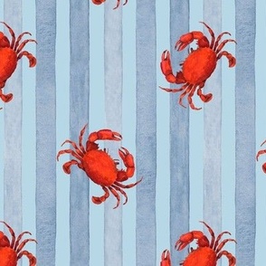 Red Crabs against Blue Stripes on Light Blue, Watercolor Hand Drawn, M