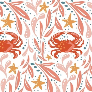  crabs  with starfish and seaweed with red, pink, coral, and yellow