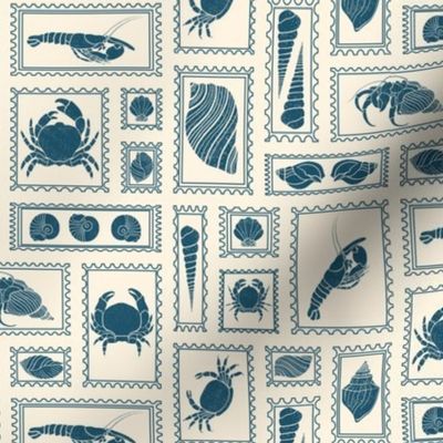 Crustacean Core Postal Stamps Collage - Cream and Blue (Small Scale)
