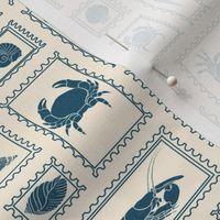 Crustacean Core Postal Stamps Collage - Cream and Blue (Small Scale)