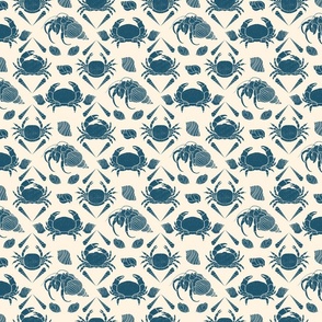 Beach Vibes Crab and Hermit Crab Blue on Cream (Small-Scale)