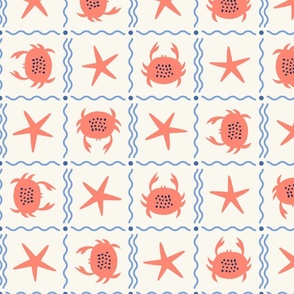 Cute Crab and Starfish Checkerboard in Coral Red, Light Ivory and Cornflower Blue – Large Scale