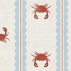 Simple Crabs with Scalloped Stripe | Wood Block Print| Blue and Red | Large Scale