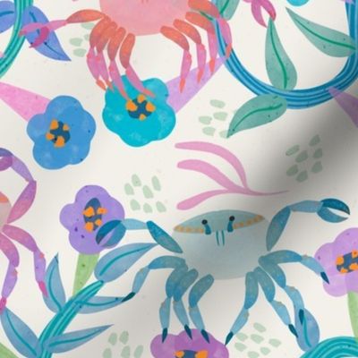 Folky crabs (large) - Crabs and flowers for this colorful folk watercolor style design.