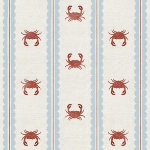 Crabs with Scalloped Stripe | Simple | Wood Block Print| Blue and Red