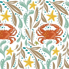 Muted colorful red crabs  with starfish and seaweed