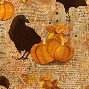 Medium 12” repeat mixed media vintage handwriting, book paper and hand drawn lace with crows, bats, pumpkins and flowers with faux burlap woven texture in peach and orange