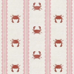 Crabs with Scalloped Stripe | Simple | Wood Block Print| Light Pink and Red 