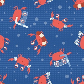 L. Cute playful crabs with goggles and snorkels tossed in a dark blue ocean, large scale