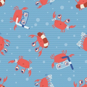 L. Cute playful crabs with goggles and snorkels tossed in a blue ocean waves, large scale