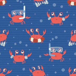 L. Cute playful crabs with goggles and snorkels in a dark blue ocean, large scale