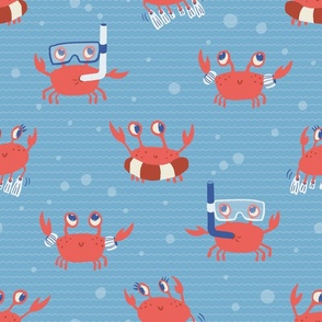 L. Cute playful crabs with goggles and snorkels in a blue ocean waves, large scale