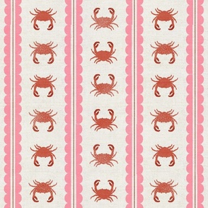 Crabs with Scalloped Stripe | Wood Block Print| Pink, Red and Beige