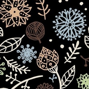 medium - Folk botanicals - hand-drawn whimsical flowers and leaves - warm winter palette on black