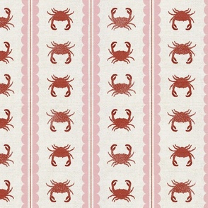 Crabs with Scalloped Stripe | Wood Block Print|  Light Pink, Red and Beige