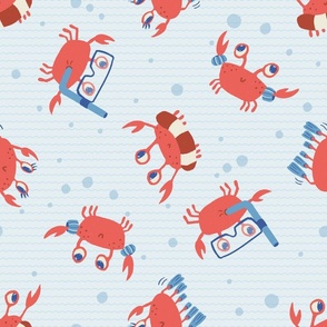 L. Cute playful crabs with goggles and snorkels tossed in a light blue wavy ocean, large scale