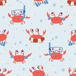 L. Cute playful crabs with goggles and snorkels in a light blue wavy ocean, large scale