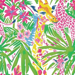 Giraffe Parade - Pink/Green  on White Wallpaper