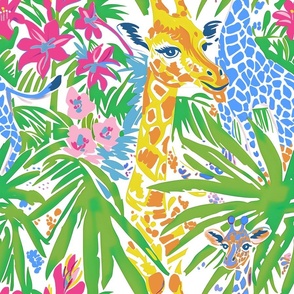 Giraffe Parade - Yellow/Blue  on White Wallpaper