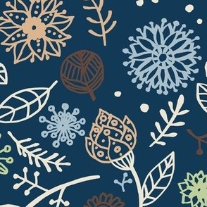 medium - Folk botanicals - hand-drawn whimsical flowers and leaves - warm winter palette on prussian blue