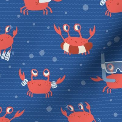 M. Cute playful crabs with goggles and snorkels in a dark blue ocean, medium scale