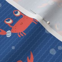 M. Cute playful crabs with goggles and snorkels in a dark blue ocean, medium scale