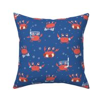 M. Cute playful crabs with goggles and snorkels in a dark blue ocean, medium scale