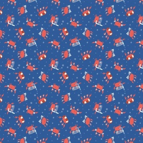 S. Cute playful crabs with goggles and snorkels tossed in a dark blue ocean, small scale